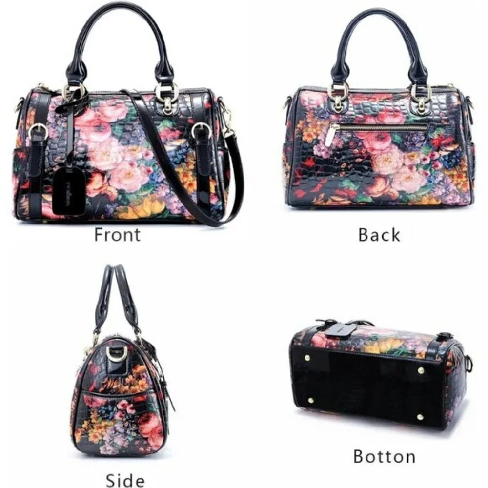 🆕Women Black Rose Genuine Leather Tote Handbag Clutch Purse Crossbody Bag - Picture 6 of 11